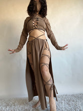 Load image into Gallery viewer, LIMITED - Serpentina Set in Cappuccino Bamboo - 5 pieces (Skirt, Top, Hooded Shrug, Mask and Gloves) - Fire Safe Bellydance Costume
