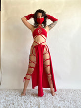 Load image into Gallery viewer, Serpentina Set in Red Cotton - 5 pieces (Skirt, Top, Hooded Shrug, Mask and Gloves) - Fire Safe Bellydance Costume
