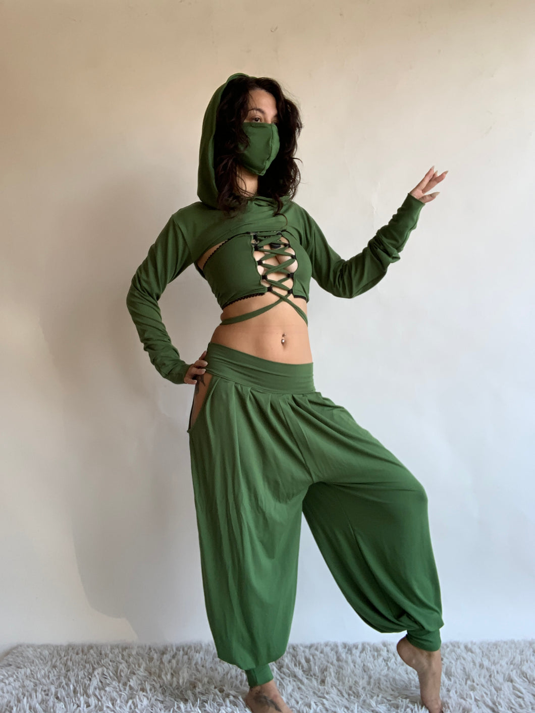 LIMITED - Andromeda Set in Olive Green Bamboo - 5 pieces (Pants, Top, Hooded Shrug, Mask and Gloves) - Fire Safe Bellydance Costume