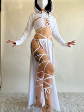 Load image into Gallery viewer, Serpentina Set in White Cotton - 5 pieces (Skirt, Top, Hooded Shrug, Mask and Gloves) - Fire Safe Bellydance Costume
