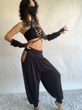 Load image into Gallery viewer, Andromeda Set in Black Bamboo - 5 pieces (Pants, Top, Hooded Shrug, Mask and Gloves) - Fire Safe Bellydance Costume
