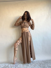 Load image into Gallery viewer, LIMITED - Serpentina Set in Cappuccino Bamboo - 5 pieces (Skirt, Top, Hooded Shrug, Mask and Gloves) - Fire Safe Bellydance Costume
