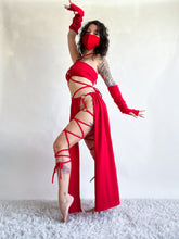 Load image into Gallery viewer, Serpentina Set in Red Cotton - 3 pieces (Skirt, Top and Gloves) - Fire Safe Bellydance Costume
